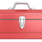 ¿Qué hay en una caja de recursos para la migraña? a red toolbox with a silver handle on a white background