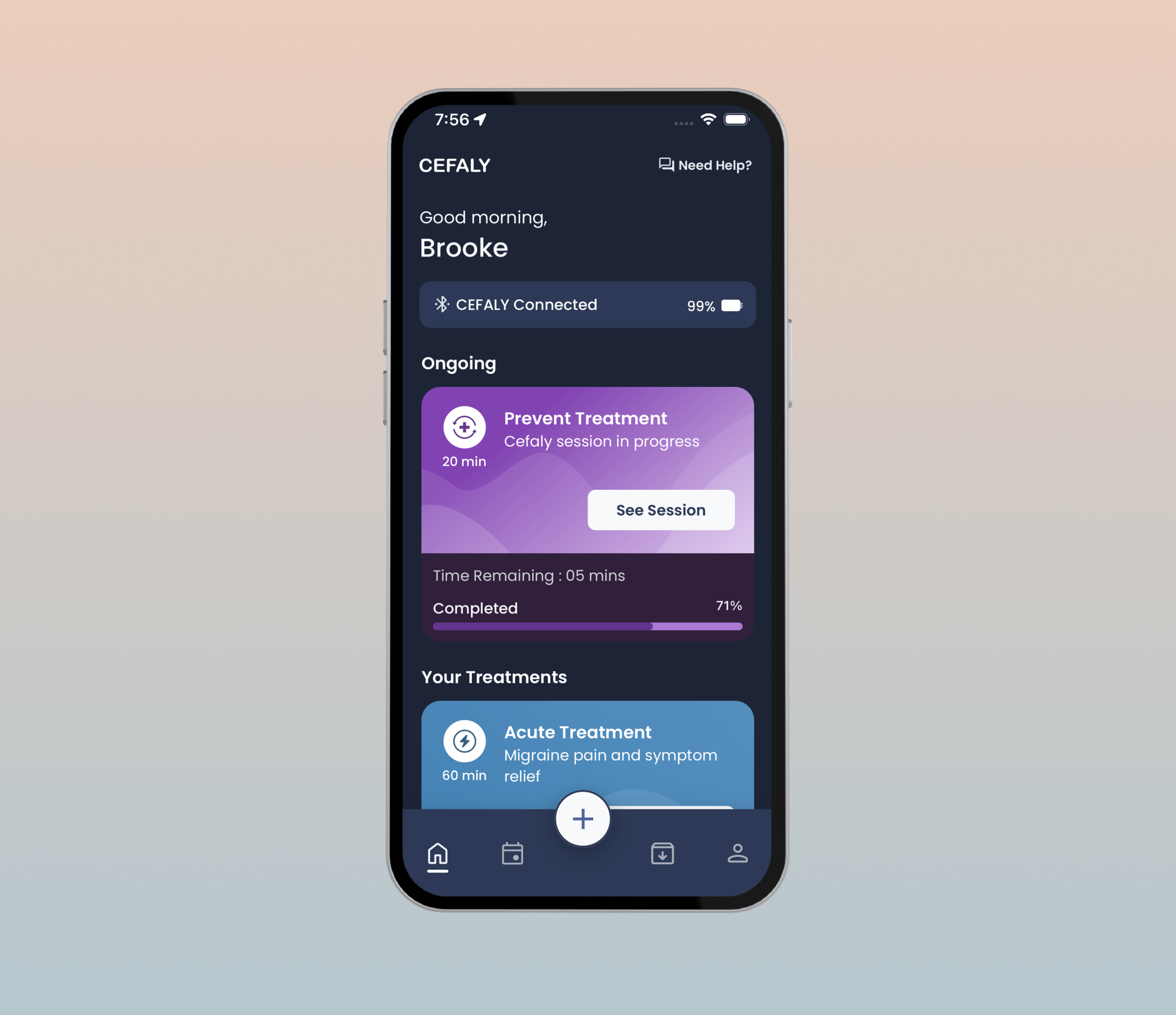 Écran de l’application Cefaly montrant les contrôles de la séance de traitement de la migraine.