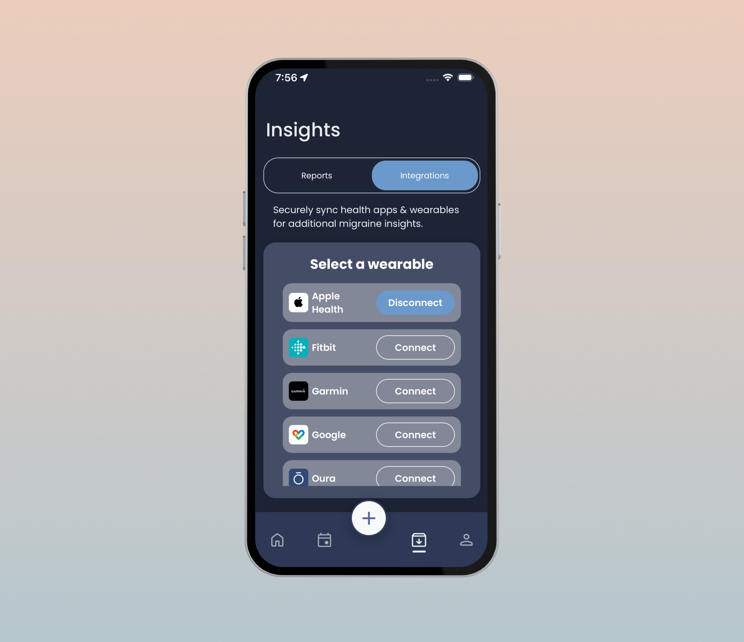 Écran de l’application CEFALY montrant le suivi de la migraine et l’historique des sessions.