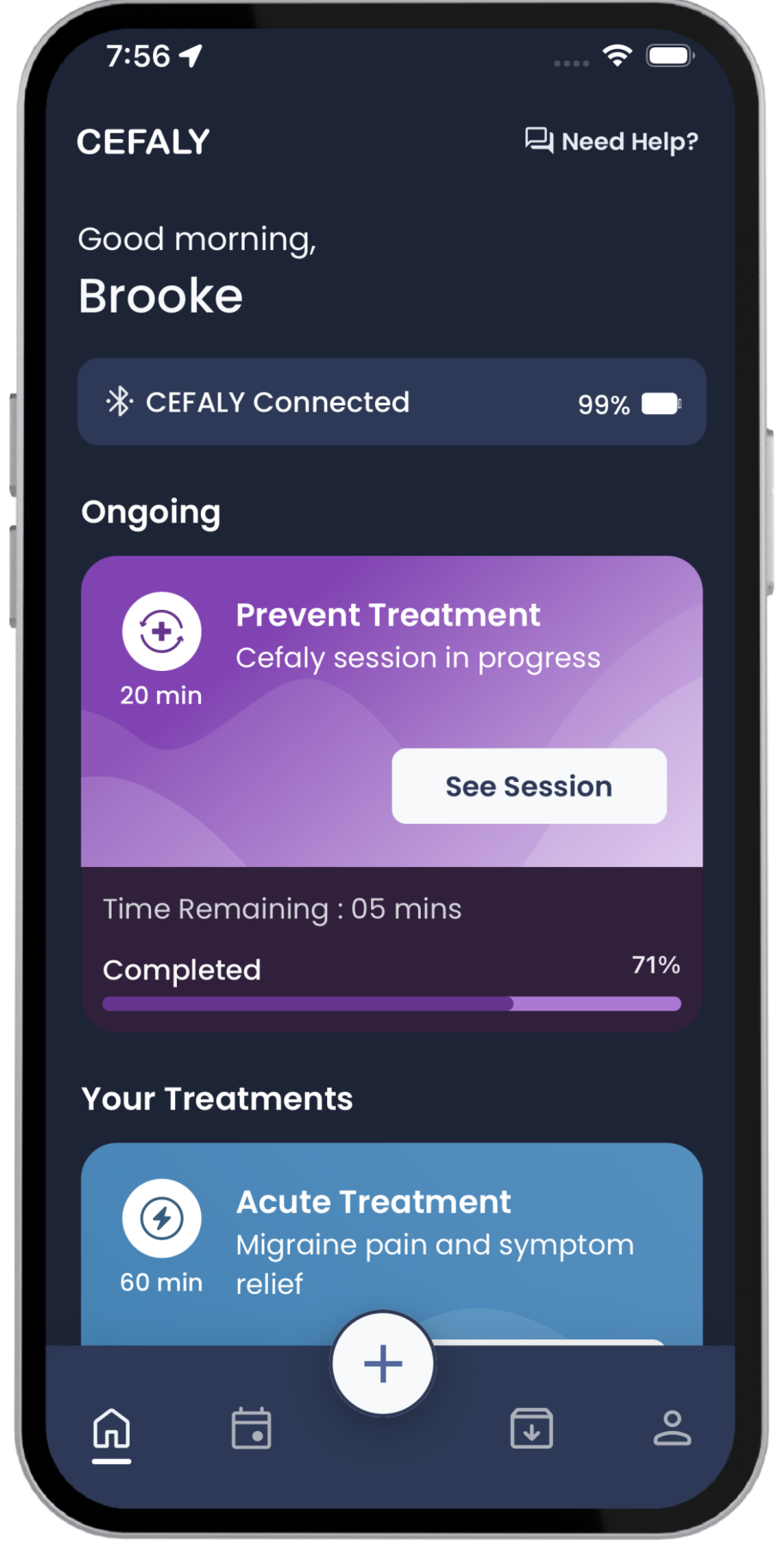 Écran de l’application CEFALY montrant le mode de traitement pour soulager la migraine aiguë.